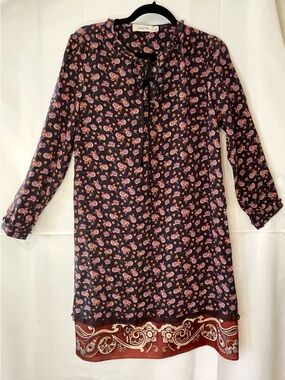 Coach Silk Floral Shift Dress – Velvet Tie Neck – Long Sleeve – Size 6